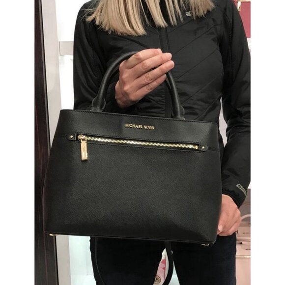 Michael Kors Hailee Large Leather Satchel Shoulder Black Bag Classic Designer - Picture 2 of 16